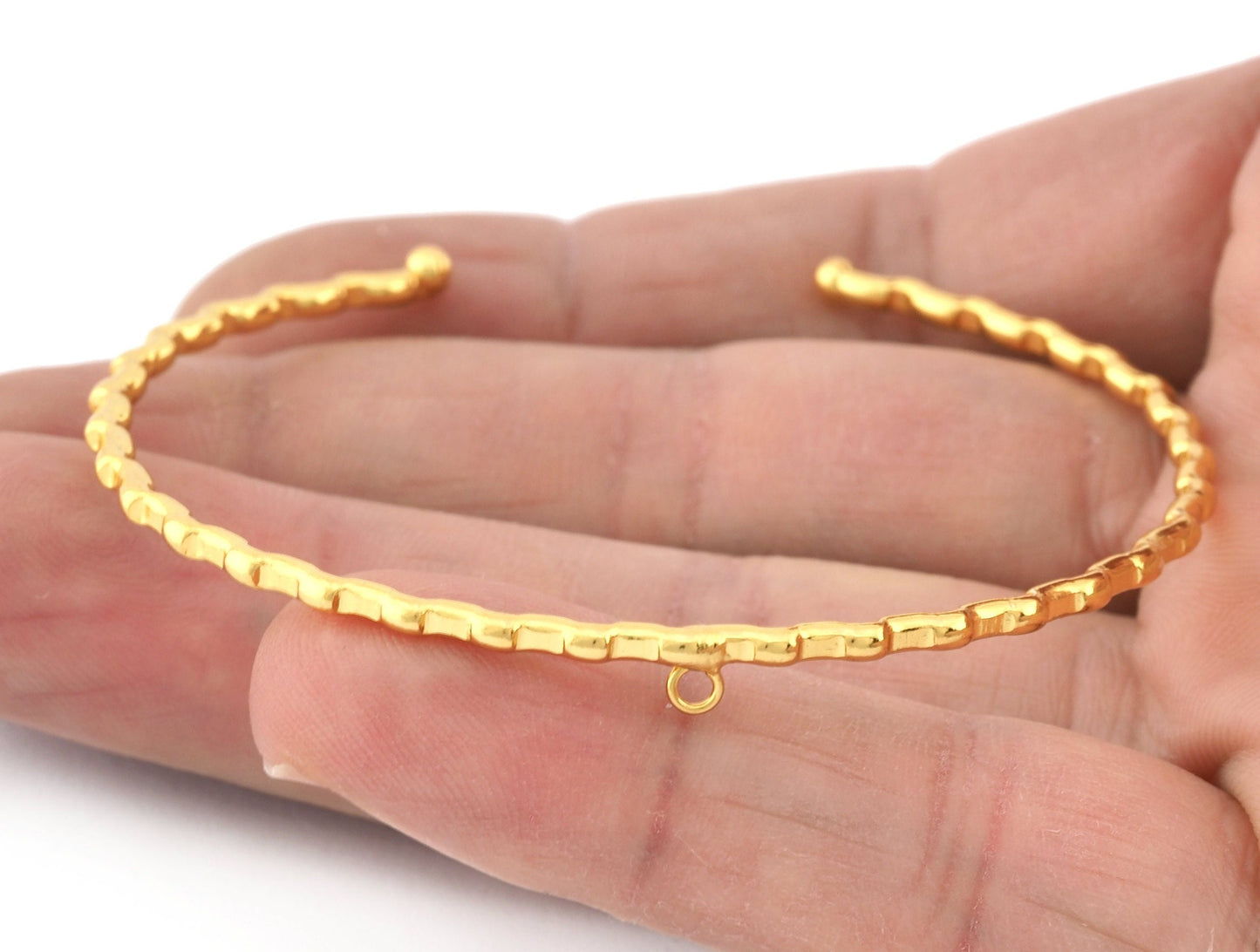 Ribbed Open Bangle Bracelet Base, with loop Shiny gold plated brass (58mm Size ) 5310