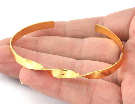Twisted Open Bangle Bracelet Base, Shiny gold plated brass (58mm Size ) 5311