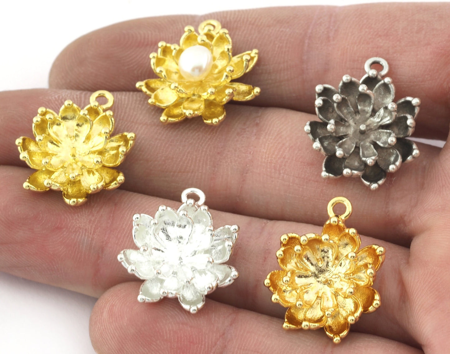 Lotus Flower Charms Pendant Pearl Pin Blank Shiny Gold - Raw brass - Shiny Silver - Antique silver 21x20mm 5314