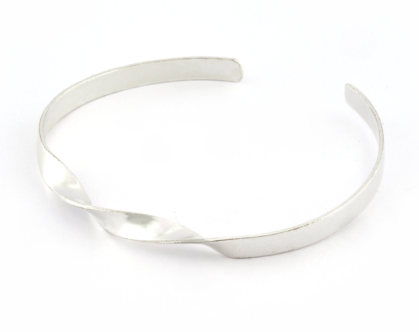 Twisted Open Bangle Bracelet Base, Shiny silver plated brass (58mm Size ) 5311