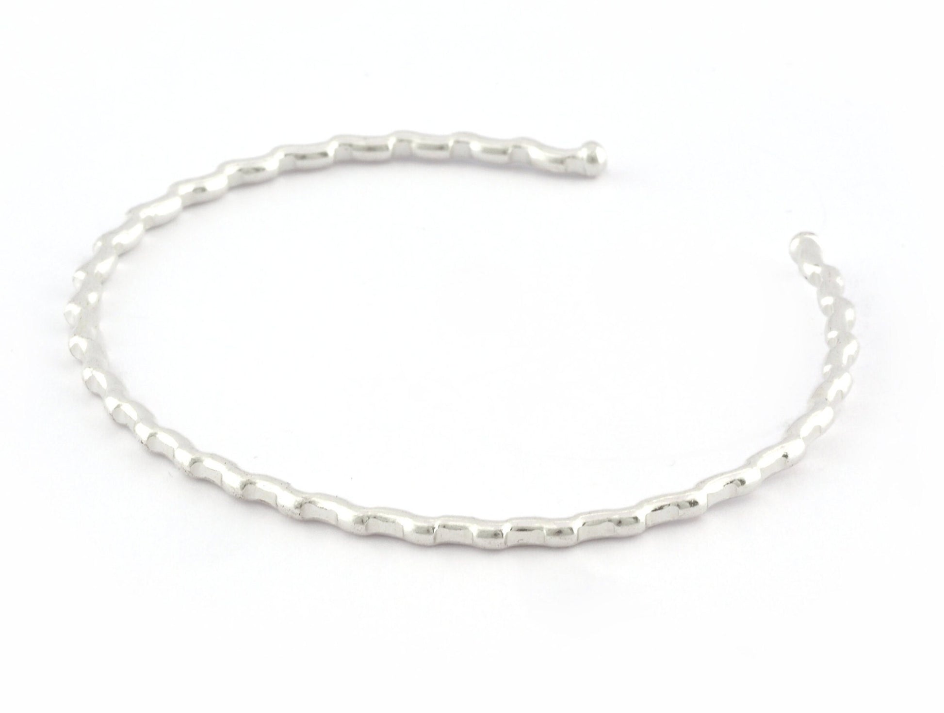 Ribbed Open Bangle Bracelet Base, Shiny silver plated brass (58mm Size ) 5306