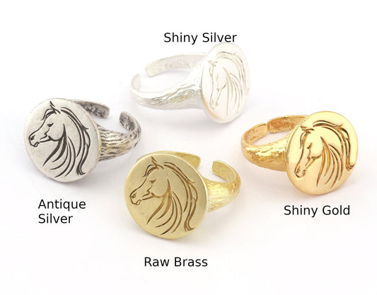 Horse Animal Adjustable Ring Raw Brass - Shiny Silver - Antique silver - Shiny Gold Plated (6US - 9US inner size) 4908