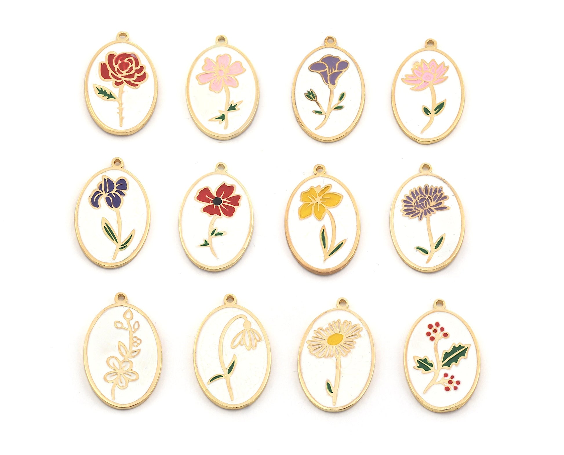 Birth Monthly Flower (June Rose) Oval Charms Pendant Shiny gold plated Brass Enamel Filled 29x18mm 5275