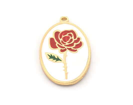 Birth Monthly Flower (June Rose) Oval Charms Pendant Shiny gold plated Brass Enamel Filled 29x18mm 5275