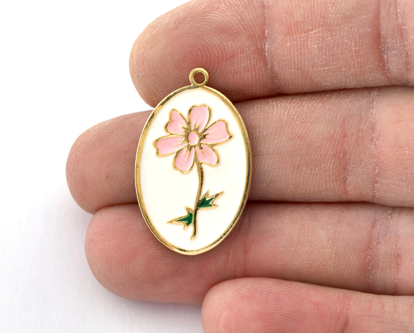 Birth Monthly Flower (October Cosmos) Oval Charms Pendant Shiny gold plated brass - Enamel filled 29x18mm 5286