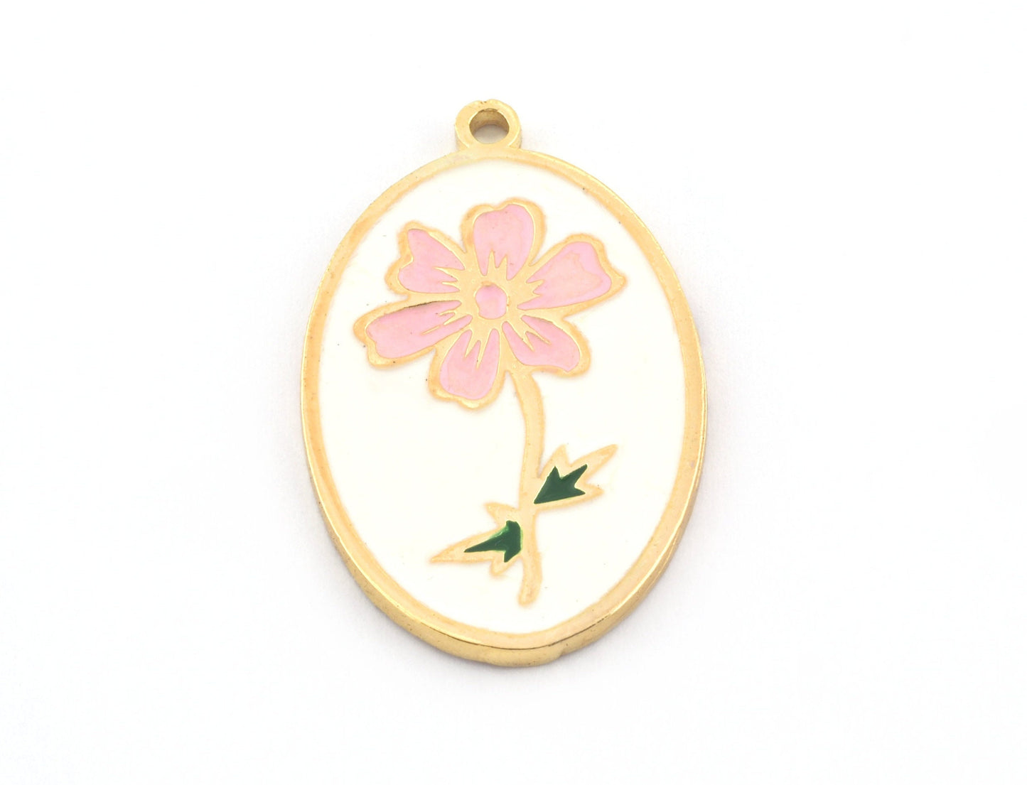 Birth Monthly Flower (October Cosmos) Oval Charms Pendant Shiny gold plated brass - Enamel filled 29x18mm 5286