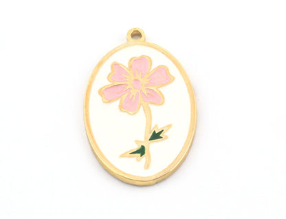 Birth Monthly Flower (October Cosmos) Oval Charms Pendant Shiny gold plated brass - Enamel filled 29x18mm 5286