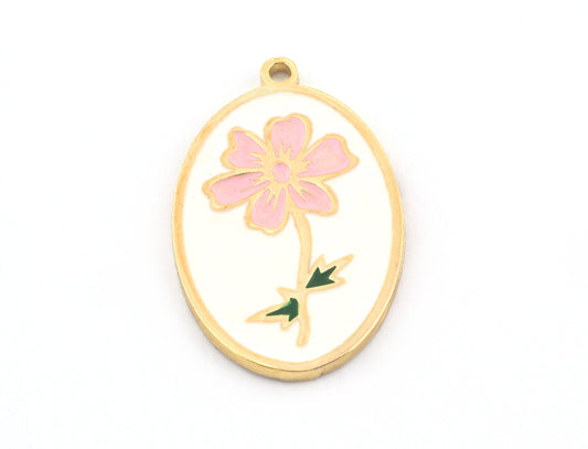 Birth Monthly Flower (October Cosmos) Oval Charms Pendant Shiny gold plated brass - Enamel filled 29x18mm 5286