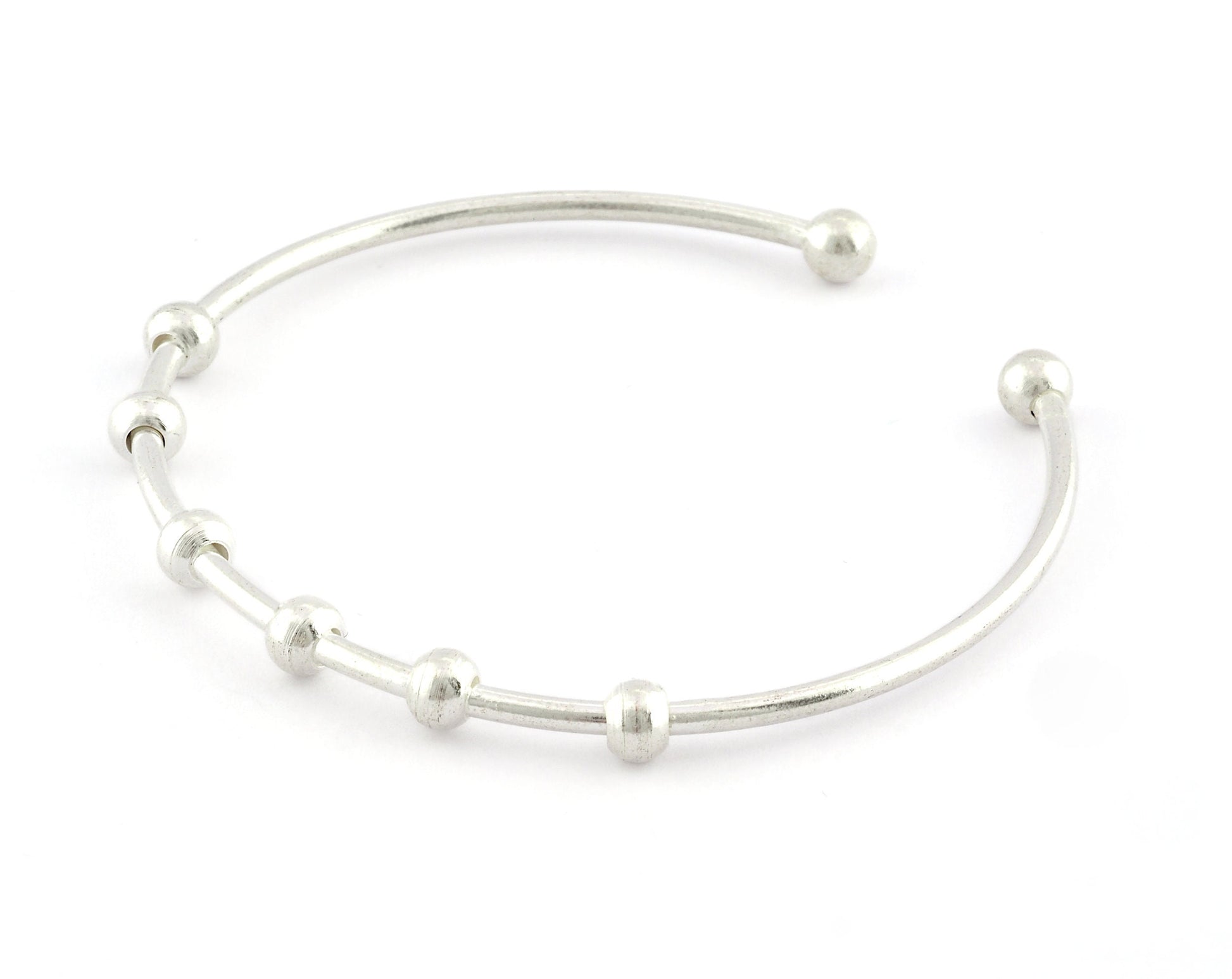 Balls Open Bangle Bracelet Base, Shiny silver plated brass (58mm Size ) 5305