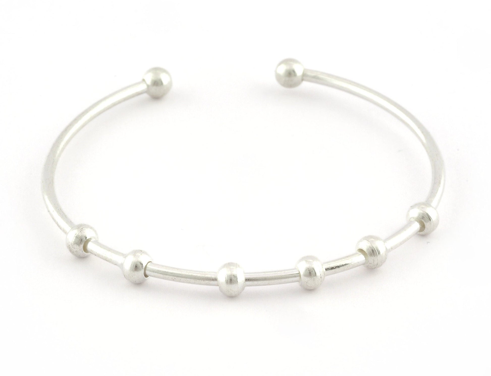 Balls Open Bangle Bracelet Base, Shiny silver plated brass (58mm Size ) 5305