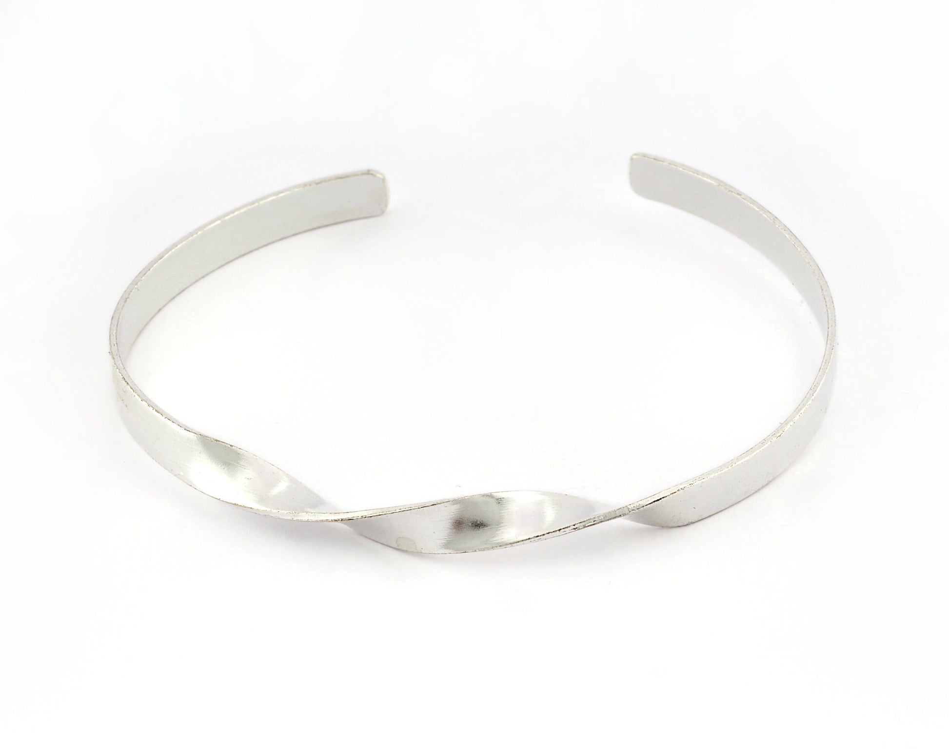 Twisted Open Bangle Bracelet Base, Shiny silver plated brass (58mm Size ) 5311