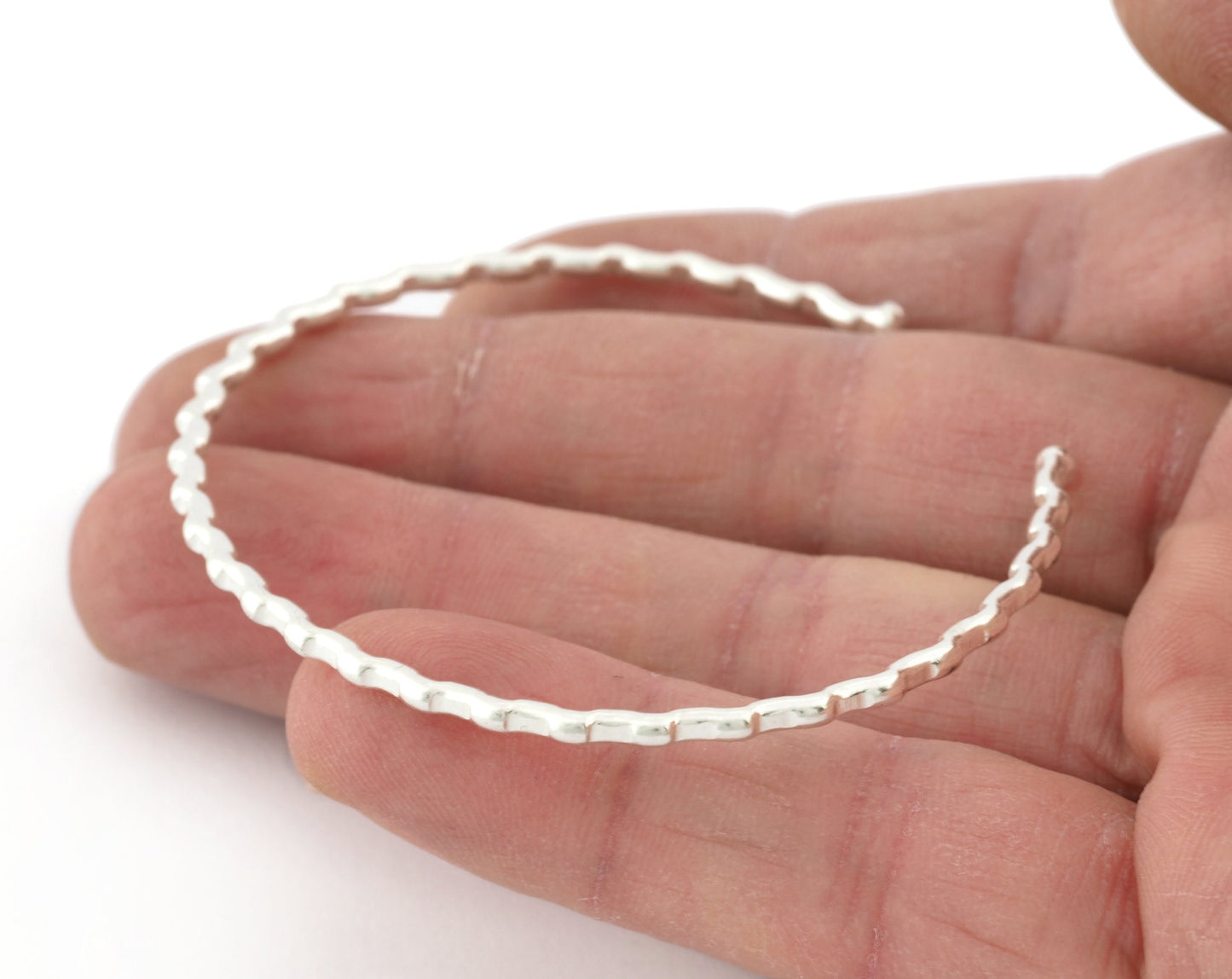 Ribbed Open Bangle Bracelet Base, Shiny silver plated brass (58mm Size ) 5306