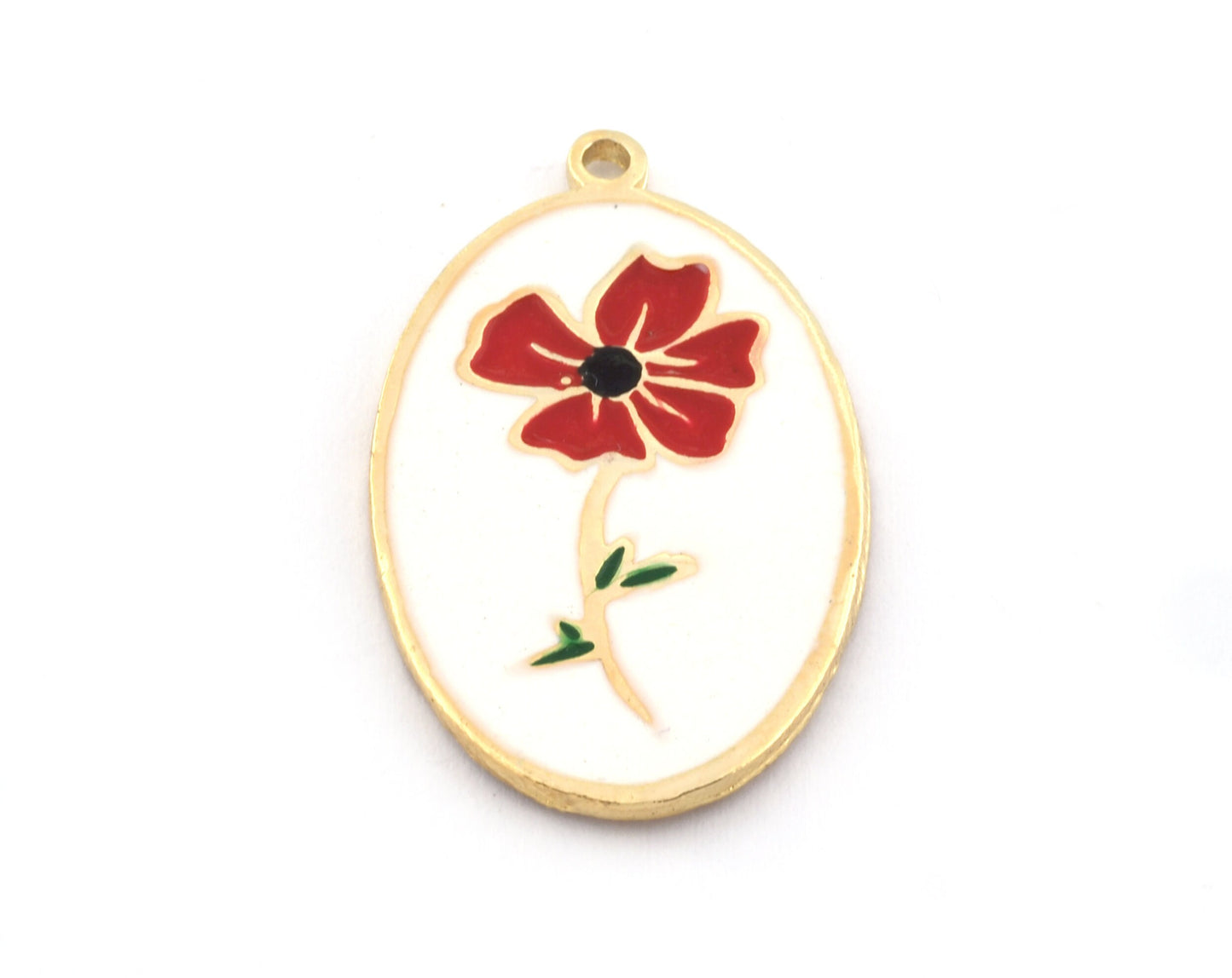 Birth Monthly Flower (August Poppy) Oval Charms Pendant Brass Shiny gold plated 29x18mm 5283