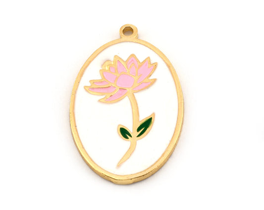 Birth Monthly Flower (July Water Lily) Oval Charms Pendant Brass Shiny gold plated 29x18mm 5281