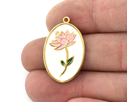 Birth Monthly Flower (July Water Lily) Oval Charms Pendant Brass Shiny gold plated 29x18mm 5281