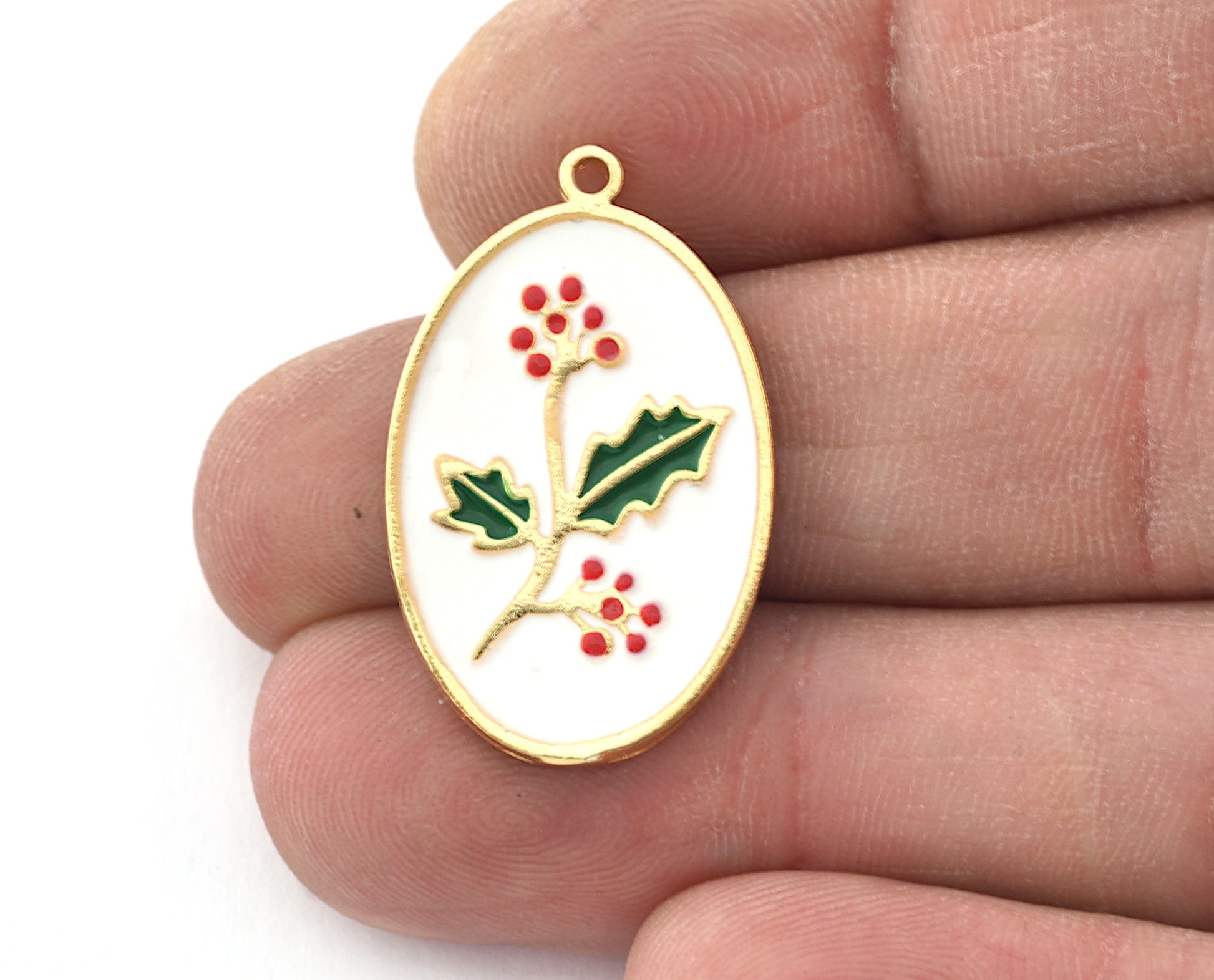 Birth Monthly Flower (December Holly ) Oval Charms Pendant Brass Shiny gold plated 29x18mm 5274