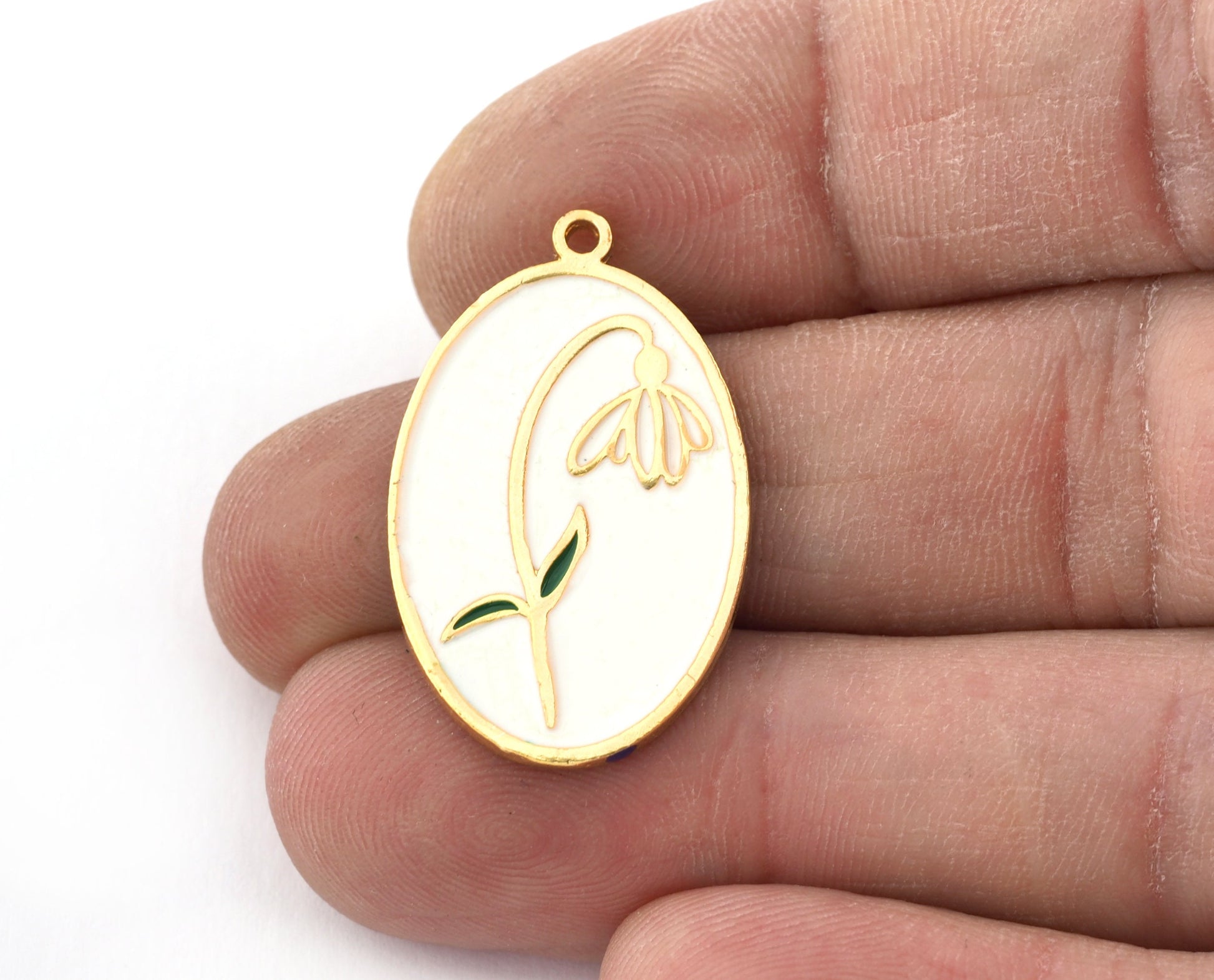 Birth Monthly Flower (January Snowdrop) Oval Charms Pendant Brass , Shiny gold plated 29x18mm 5280