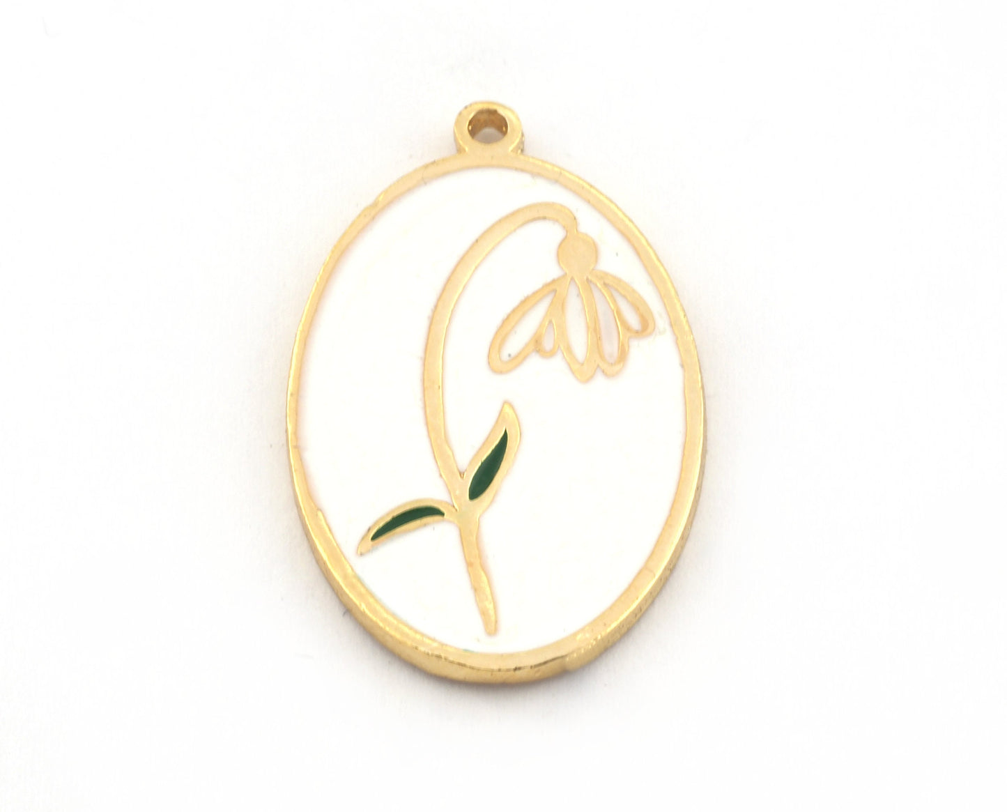 Birth Monthly Flower (January Snowdrop) Oval Charms Pendant Brass , Shiny gold plated 29x18mm 5280