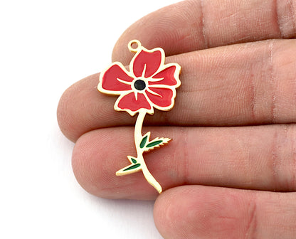 Birth Monthly Flower (August Poppy) Charms Pendant Brass Shiny gold plated - Enamel filled 37x19mm 5265