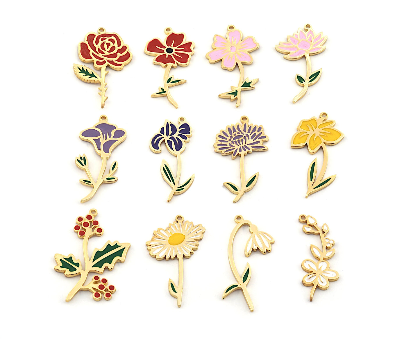 Birth Monthly Flower (August Poppy) Charms Pendant Brass Shiny gold plated - Enamel filled 37x19mm 5265