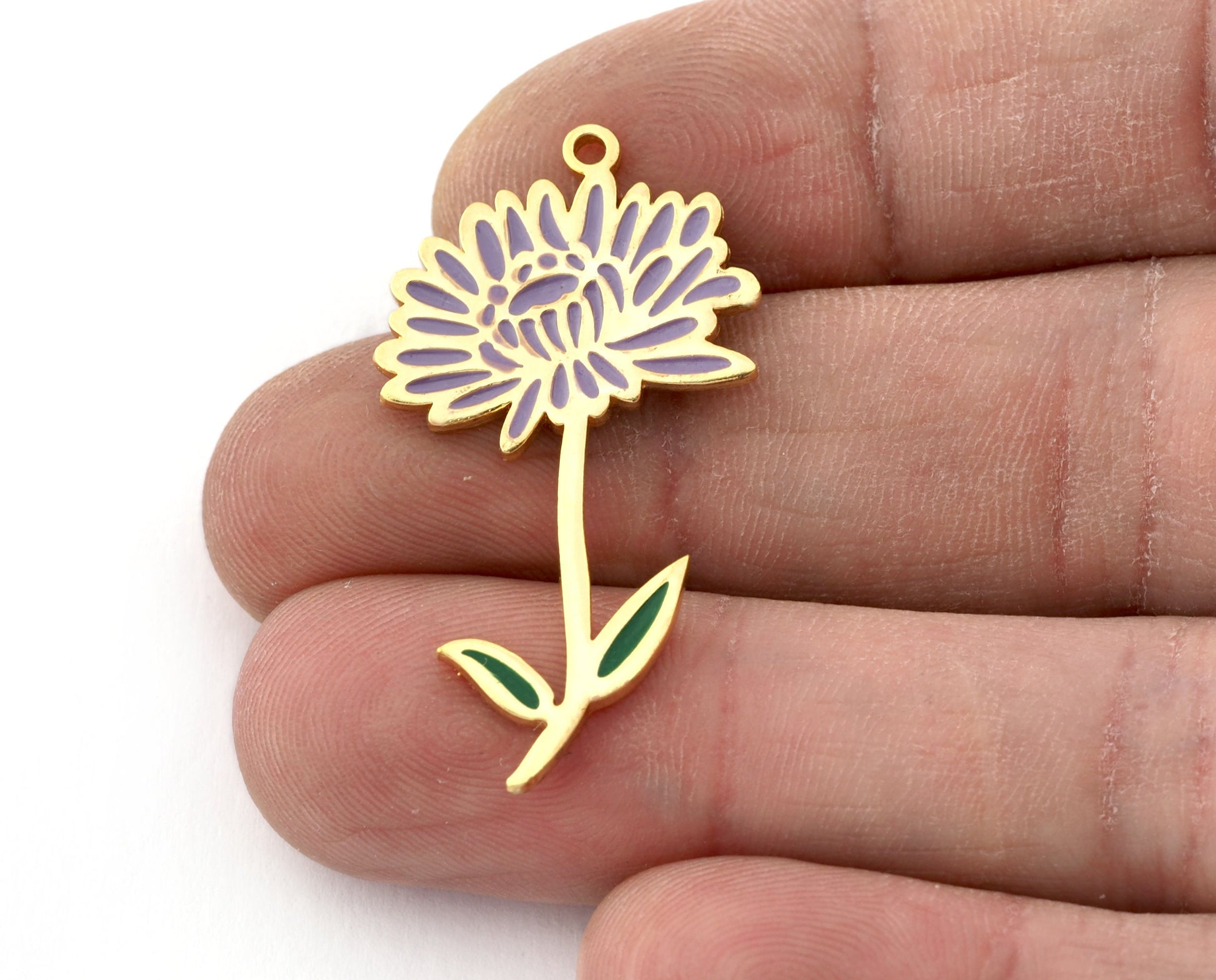 Birth Monthly Flower (November Chrysanthemum) Charms Pendant Brass Shiny gold plated - Enamel filled 37x22mm 5261