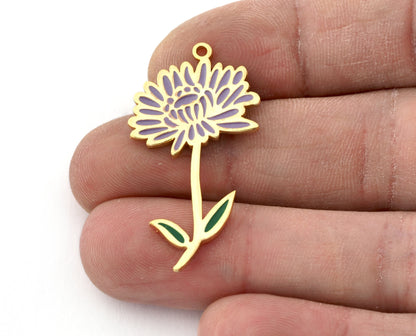 Birth Monthly Flower (November Chrysanthemum) Charms Pendant Brass Shiny gold plated - Enamel filled 37x22mm 5261