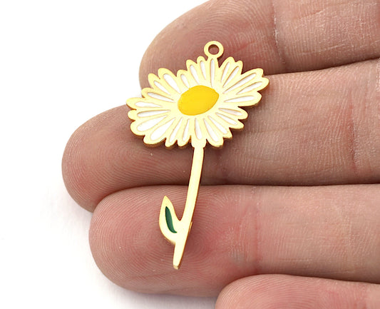 Birth Monthly Flower (April Daisy) Charms Pendant Brass Shiny gold plated - Enamel filled 37x22mm 5270