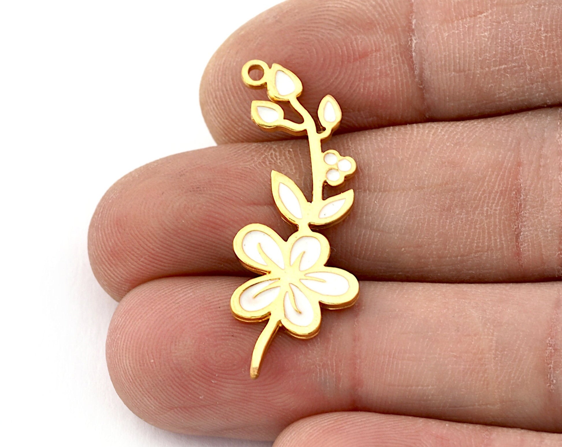 Birth Monthly Flower (May Hawthorne) Charms Pendant Brass Shiny gold plated - Enamel filled 37x13mm 5268