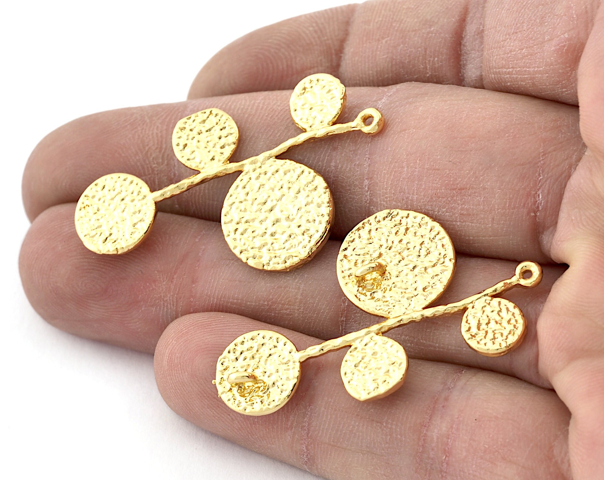 Branch Disc Charms, Connector pendant Shiny gold plated brass 40x23mm 5255