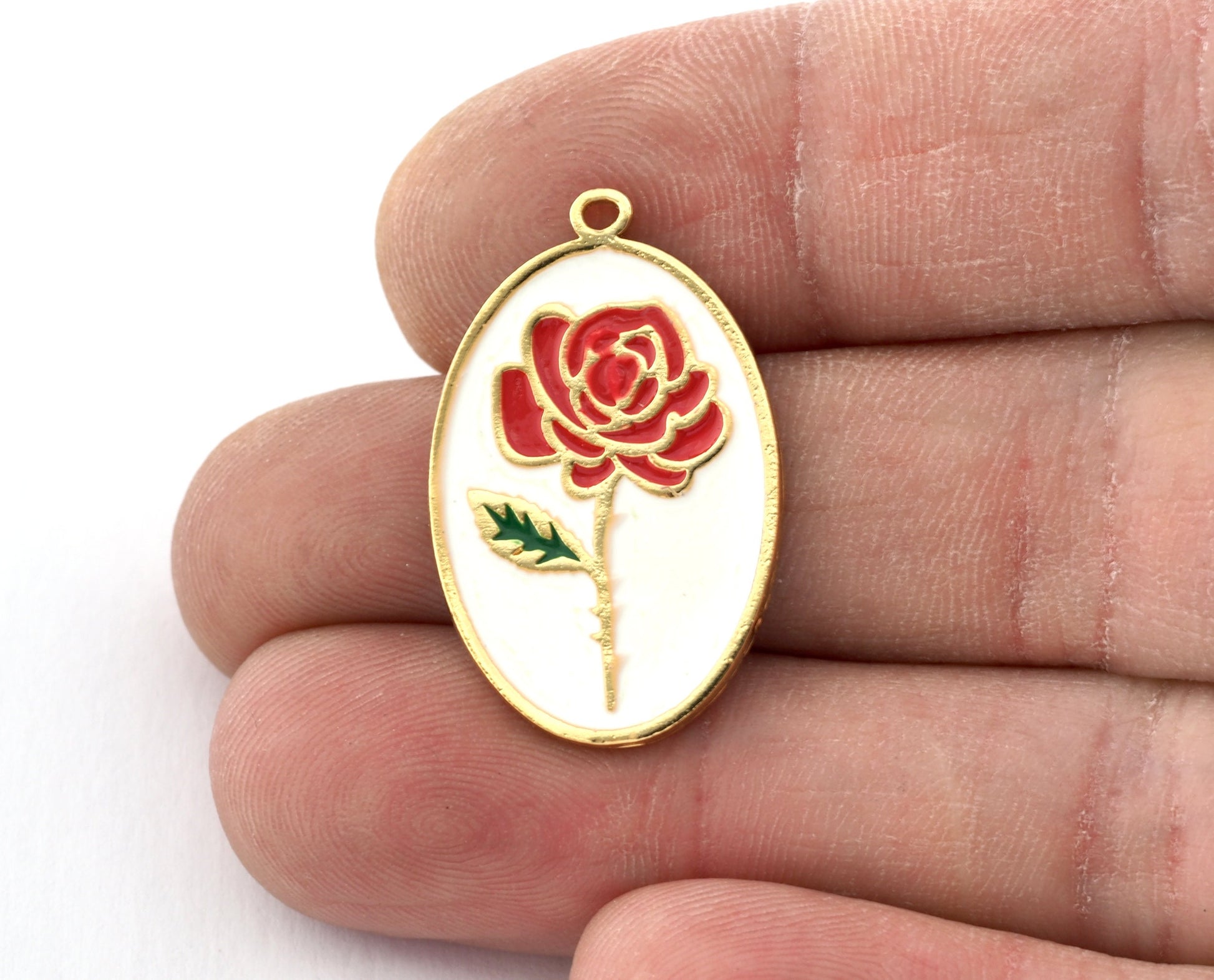 Birth Monthly Flower (June Rose) Oval Charms Pendant Shiny gold plated Brass Enamel Filled 29x18mm 5275