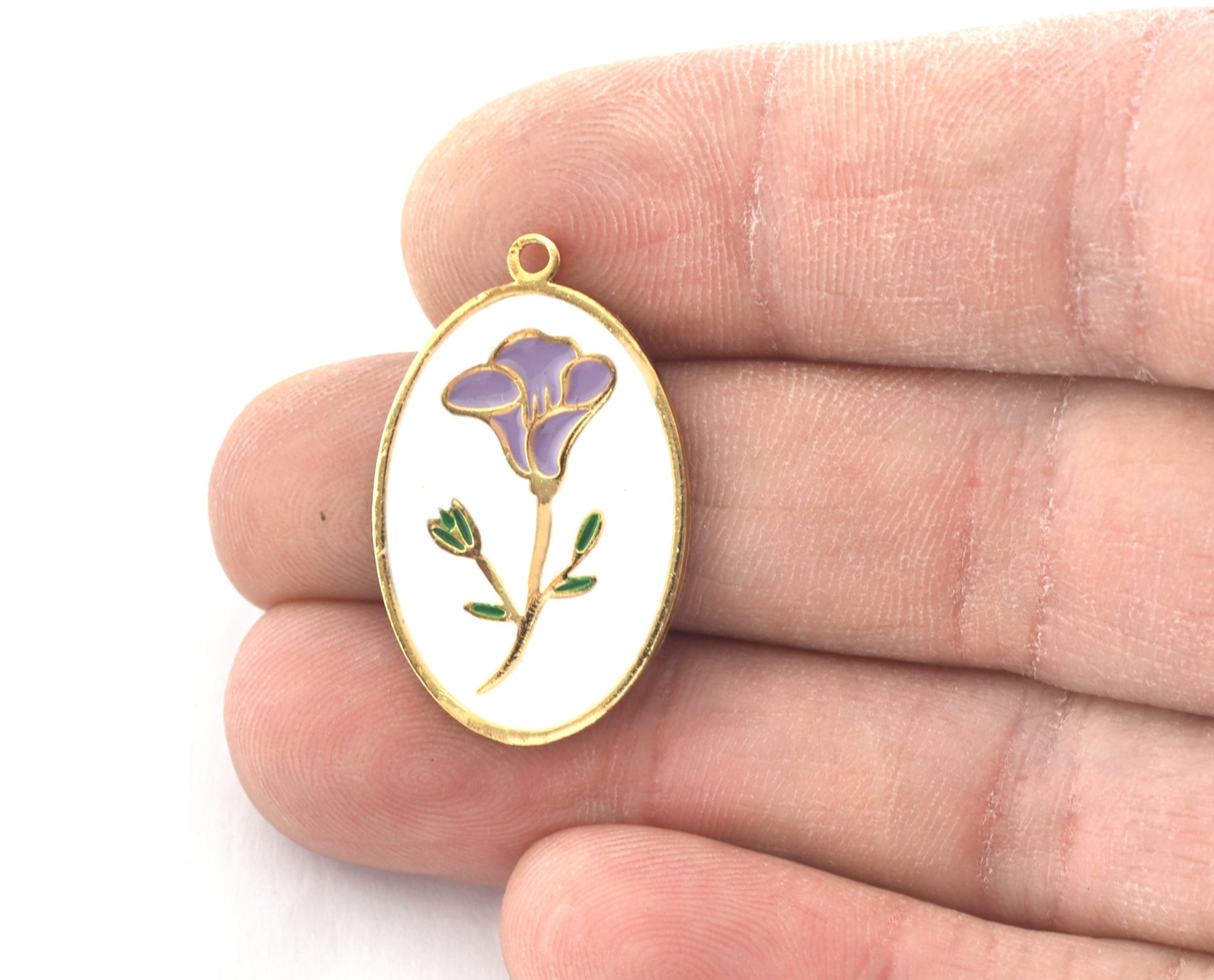 Birth Monthly Flower (September Morning Glory ) Oval Charms Pendant Shiny gold plated - Enamel filled 29x18mm 5276