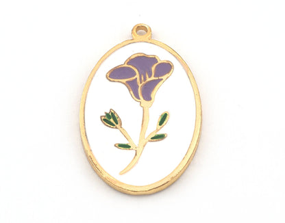 Birth Monthly Flower (September Morning Glory ) Oval Charms Pendant Shiny gold plated - Enamel filled 29x18mm 5276