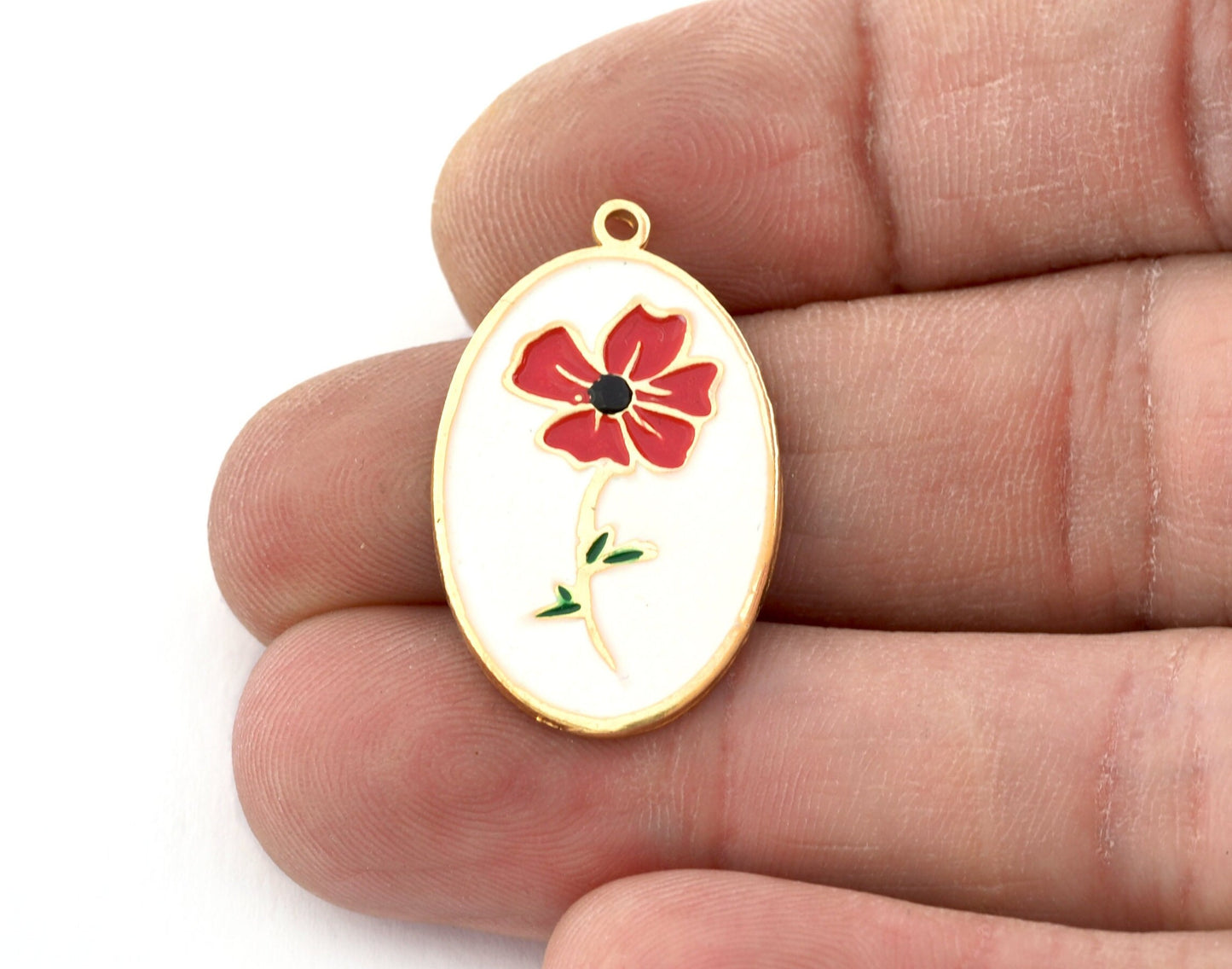 Birth Monthly Flower (August Poppy) Oval Charms Pendant Brass Shiny gold plated 29x18mm 5283