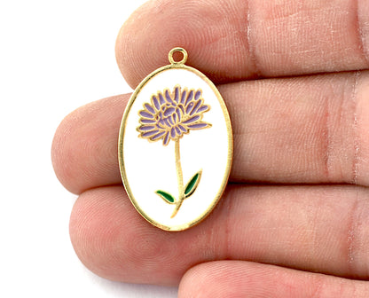 Birth Monthly Flower (November Chrysanthemum) Oval Charms Pendant Brass , Shiny gold plated 29x18mm 5278