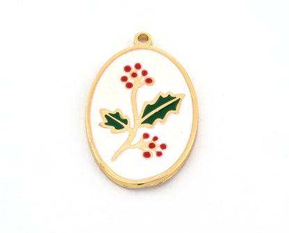 Birth Monthly Flower (December Holly ) Oval Charms Pendant Brass Shiny gold plated 29x18mm 5274