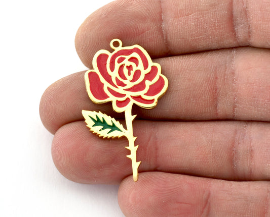 Birth Monthly Flower (June Rose) Charms Pendant Brass , Shiny gold plated - enamel filled 37x22mm 5262