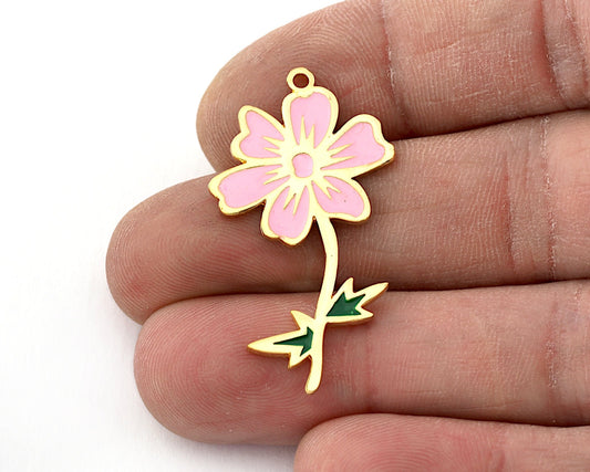 Birth Monthly Flower (October Cosmos) Charms Pendant Brass Shiny gold plated - Enamel filled 37x21mm 5272