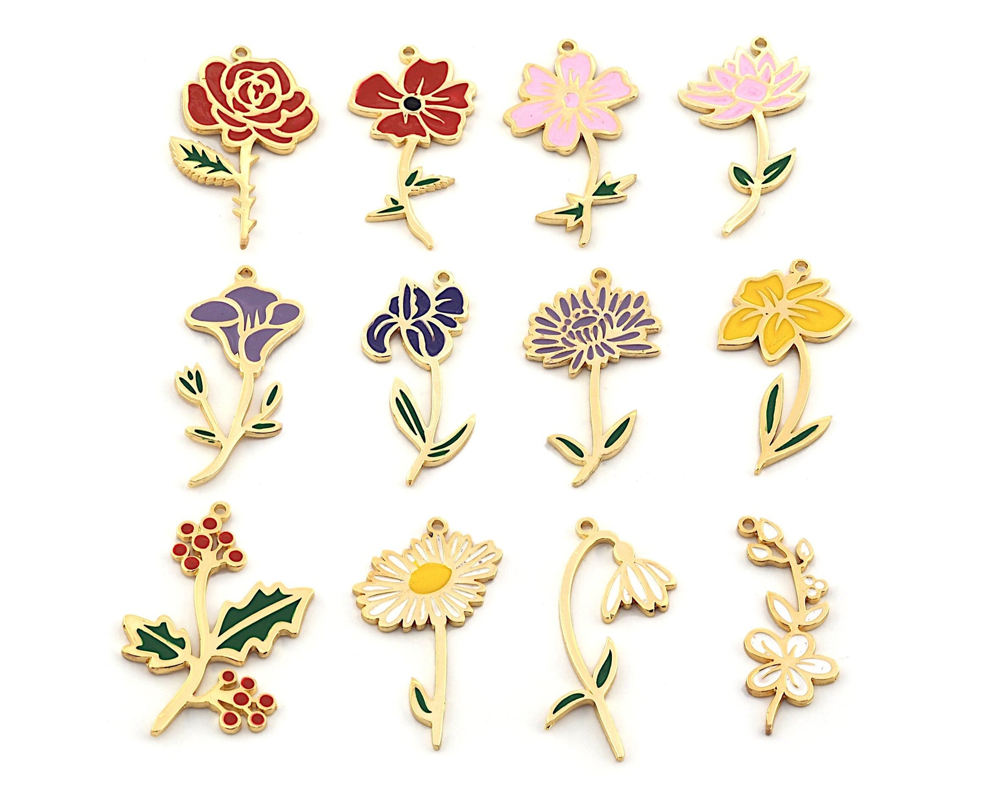 Birth Monthly Flower (October Cosmos) Charms Pendant Brass Shiny gold plated - Enamel filled 37x21mm 5272