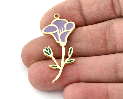 Birth Monthly Flower (September Morning Glory) Charms Pendant Brass , Shiny gold plated - enamel filled 38x18mm 5266