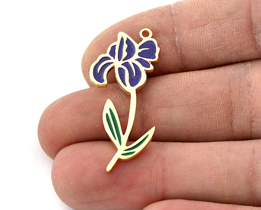 Birth Monthly Flower (February Iris) Charms Pendant Brass Shiny gold plated - Enamel filled 37x21mm 5269