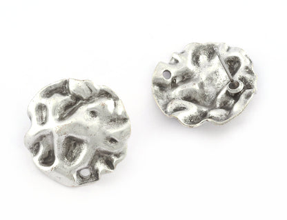 Disc Organic Round Earring Stud Post Blank Loop Settings Antique Silver Plated Brass 23mm Earring Blanks 5235