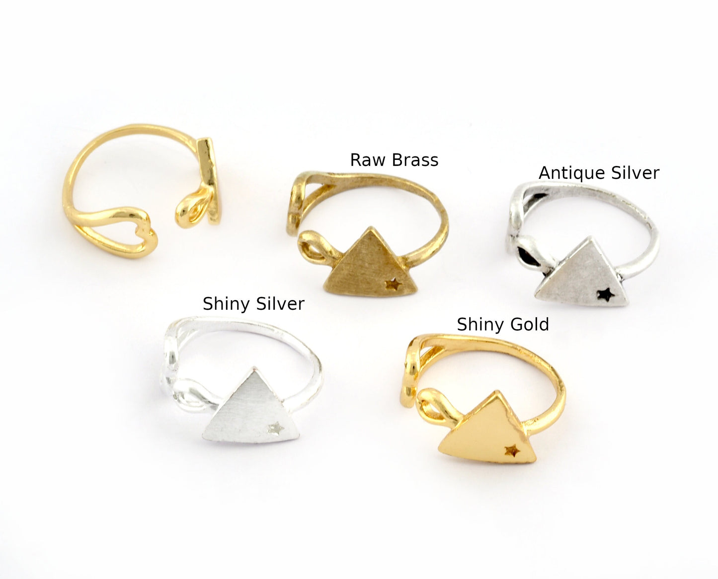 Heart Triangle Star Ring Adjustable Raw brass, Shiny Silver, Antique silver, Shiny gold (18mm 8US inner size) 3032