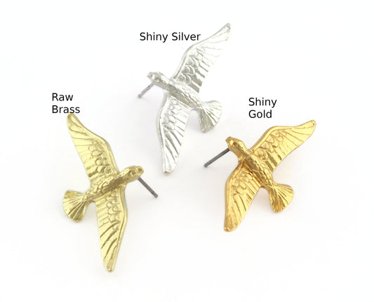 Bird Albatross Stud Earring, Raw Brass, Shiny silver, Shiny gold plated brass 37x18mm 3050