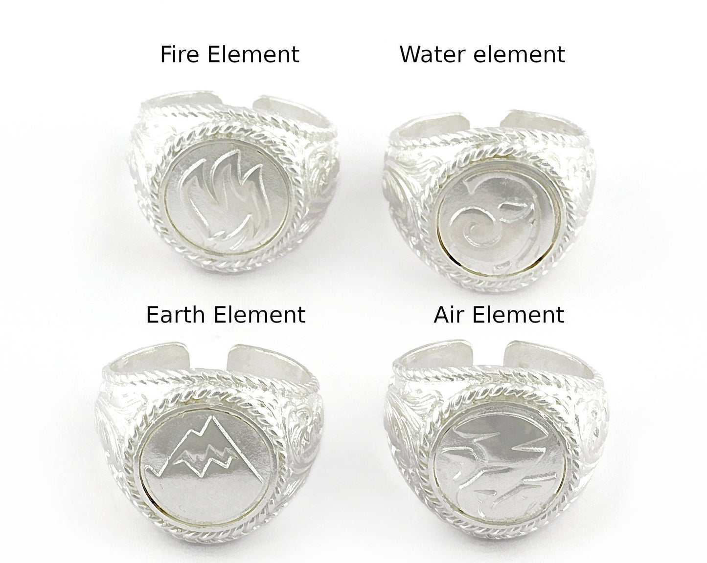 Four Elements Fire - Water - Earth - Air Rings, Shiny Silver Plated Brass (9US - 12US inner size Adjustable ) 5337