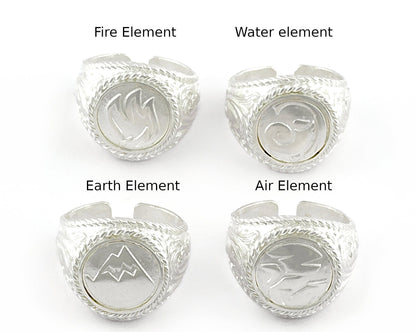 Four Elements Fire - Water - Earth - Air Rings, Shiny Silver Plated Brass (9US - 12US inner size Adjustable ) 5337