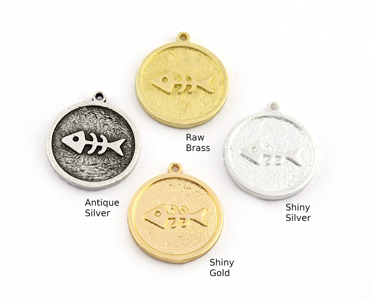 Fish Bone Round Charms Pendant - Raw Brass - Antique Silver - Shiny silver - Shiny gold 19x17mm 3575