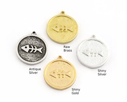 Fish Bone Round Charms Pendant - Raw Brass - Antique Silver - Shiny silver - Shiny gold 19x17mm 3575