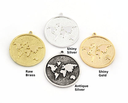 World Map Charms Pendant - Raw Brass - Antique Silver - Shiny silver - Shiny gold 30x27mm 3642