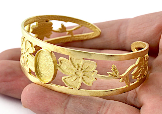 Oval Blank Flower Bracelet Monthly Flower (August Poppy) Base Setting Blank Bezel Raw brass (10x14mm Blank ) 3127