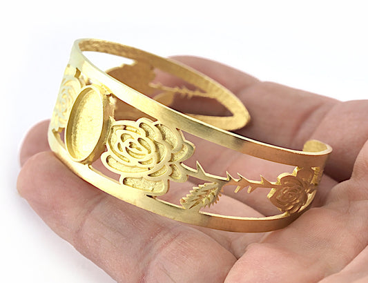 Oval Blank Flower Bracelet Monthly Flower (June Rose) Base Setting Blank Bezel Raw brass (10x14mm Blank ) 3049